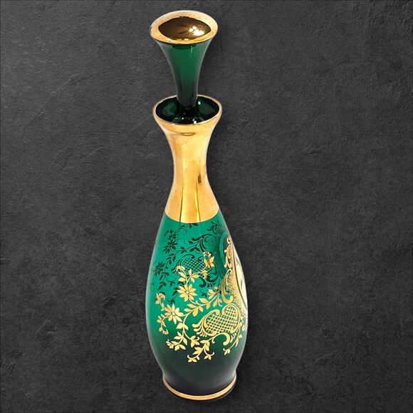 Vintage Murano Green Gold Glass Decanter Set w 4 Glasses & Stopper Italy Barware - Picture 6 of 14